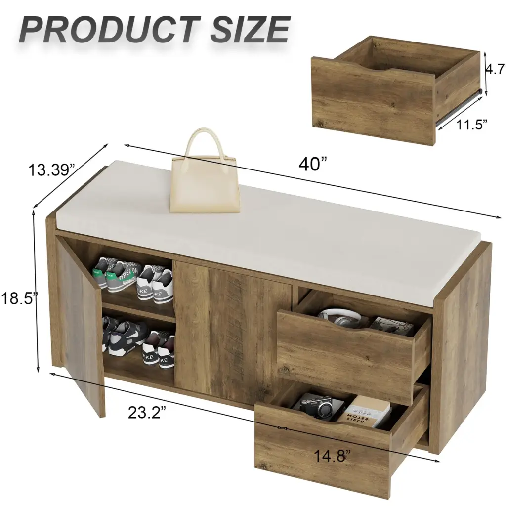 Entryway Bench with Padded Cushioned Seat, Rustic Oak