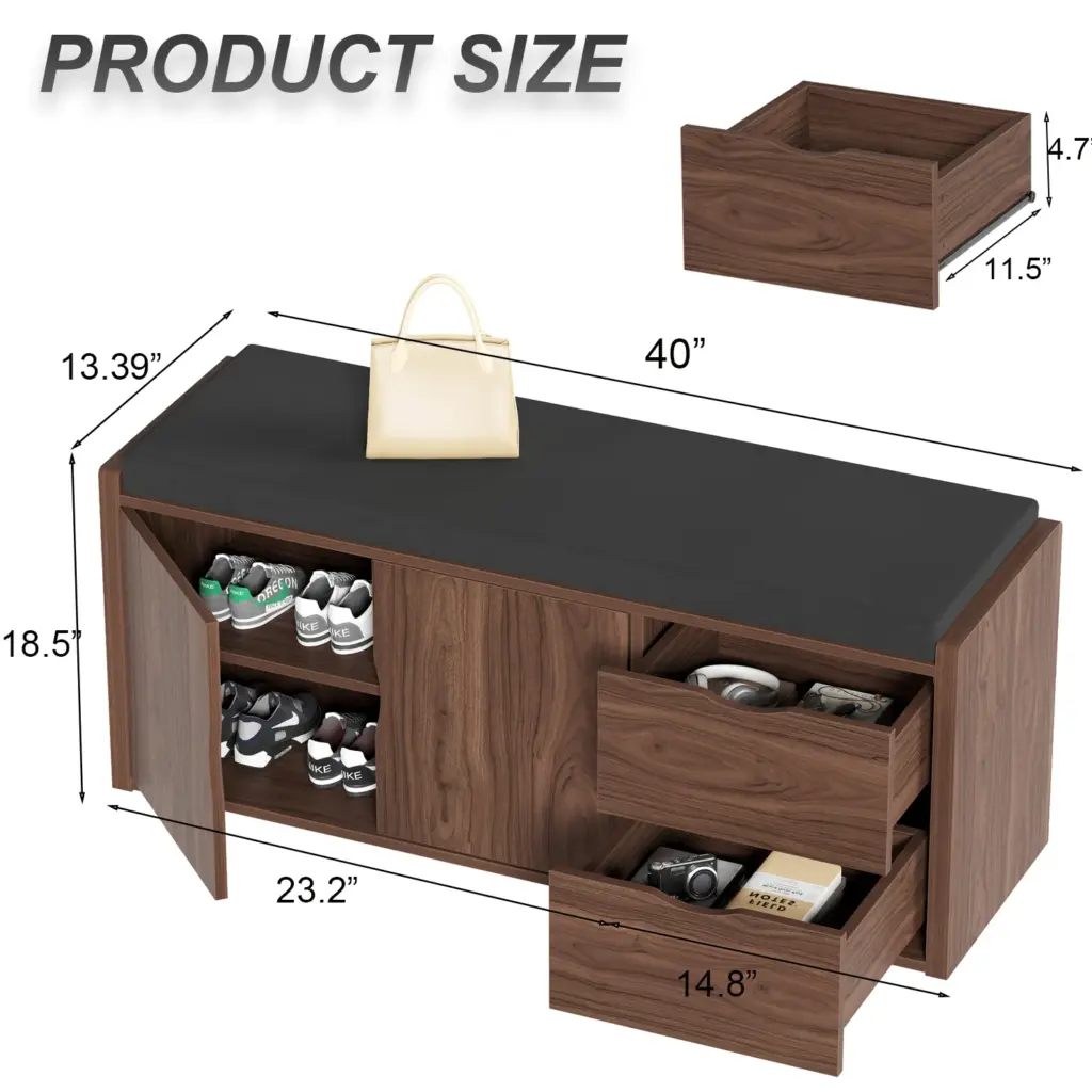 Entryway Bench with Padded Cushioned Seat, Walnut 10.01.C