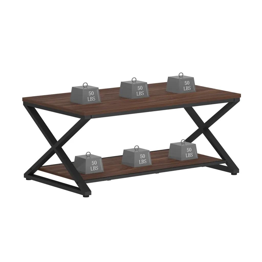 X Shaped Leg Coffee Table with Shelf, Walnut, 39 Inch_10