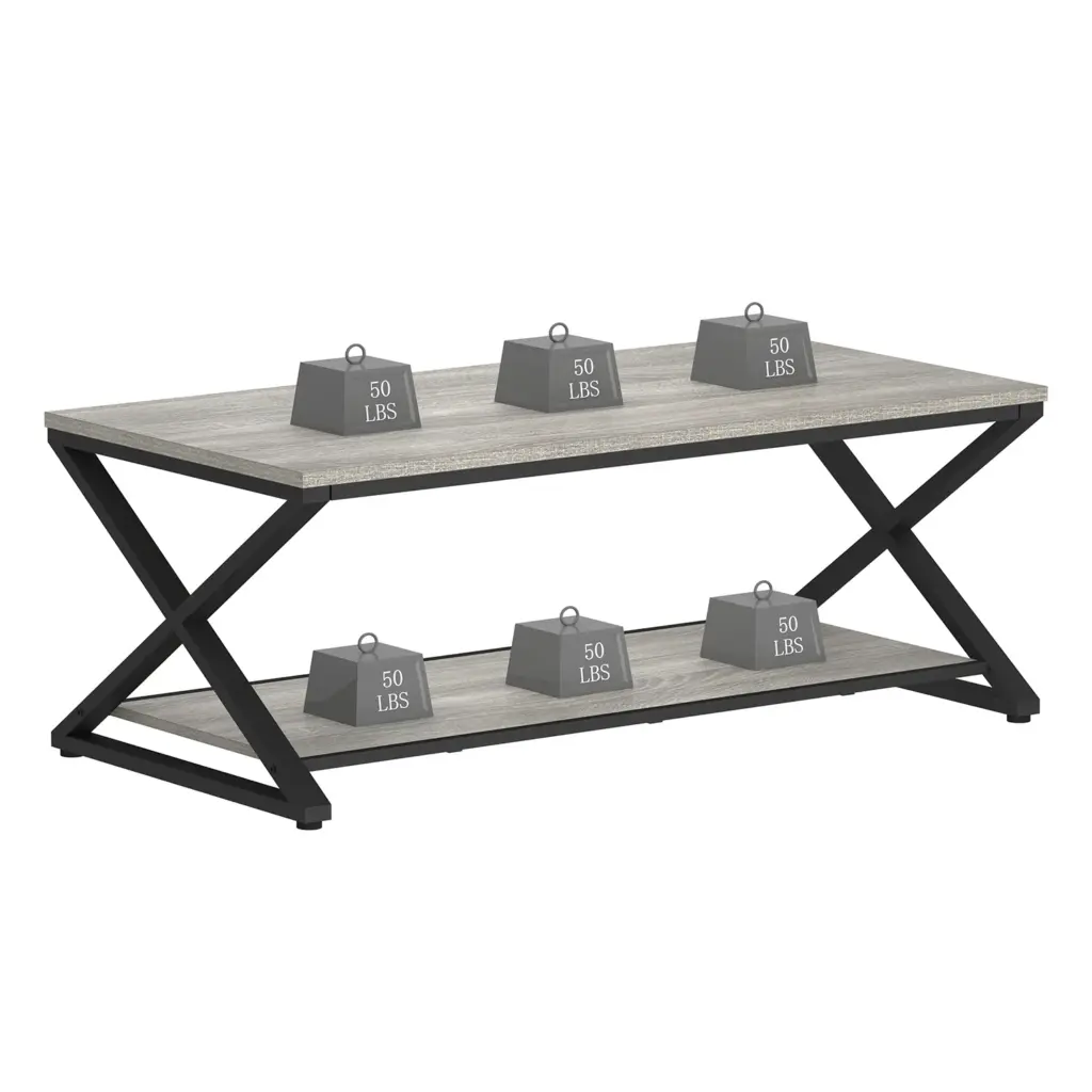 X Shaped Leg Coffee Table with Shelf, Light Grey Oak, 47 Inch_10