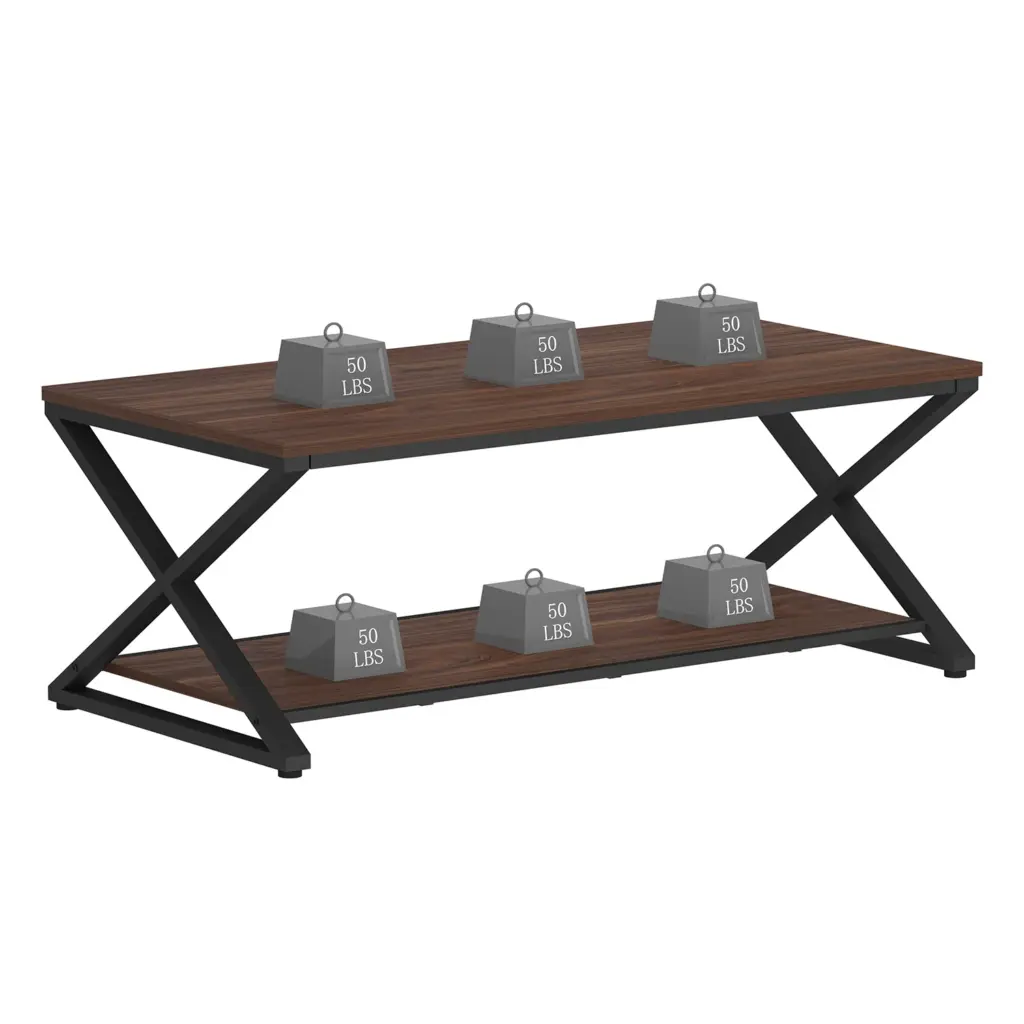 X Shaped Leg Coffee Table with Shelf, Walnut, 47 Inch_10