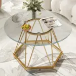 Round Glass Coffee Table with Golden Hexagonal Metal Base_11