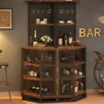 Corner Bar Cabinet with Adjustble Shelf Storage, Rustic Brown_09