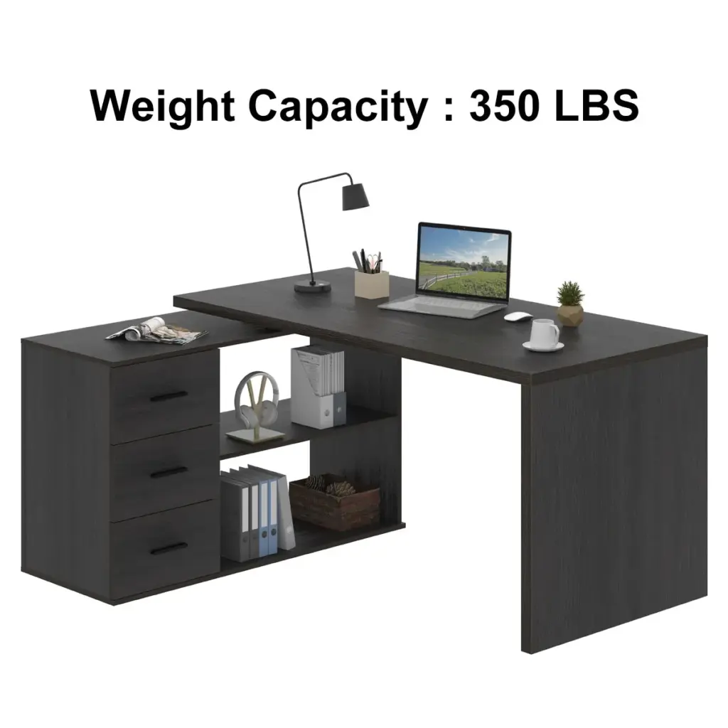 L Shaped 360 Rotating Computer Desk with 3 Drawers, Dark Gray Oak_11