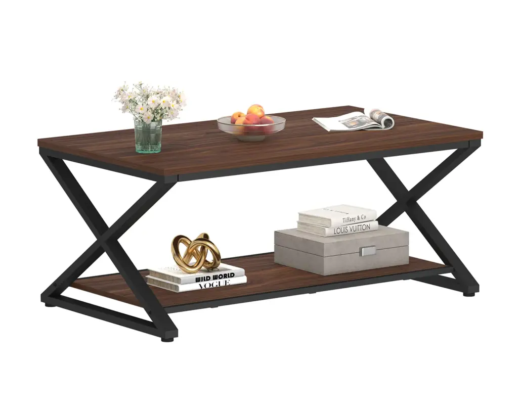 X Shaped Leg Coffee Table with Shelf, Walnut, 39 Inch_11