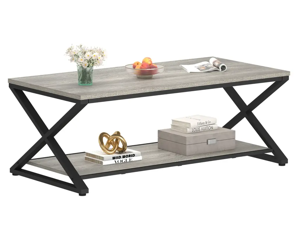 X Shaped Leg Coffee Table with Shelf, Light Grey Oak, 47 Inch_11