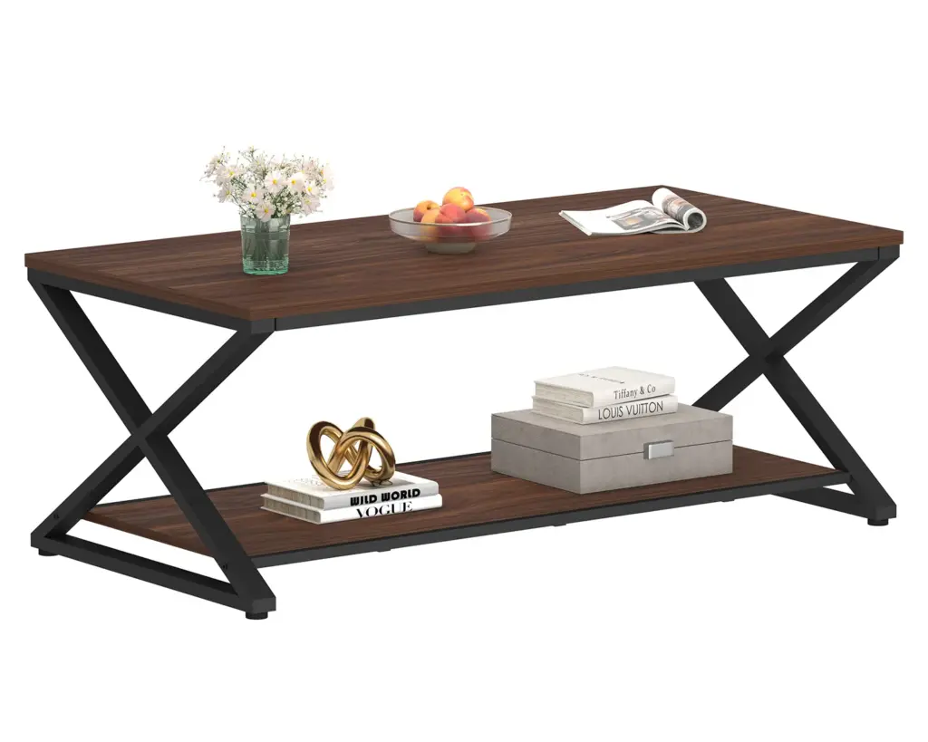 X Shaped Leg Coffee Table with Shelf, Walnut, 47 Inch_11