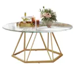Round Glass Coffee Table with Golden Hexagonal Metal Base_12