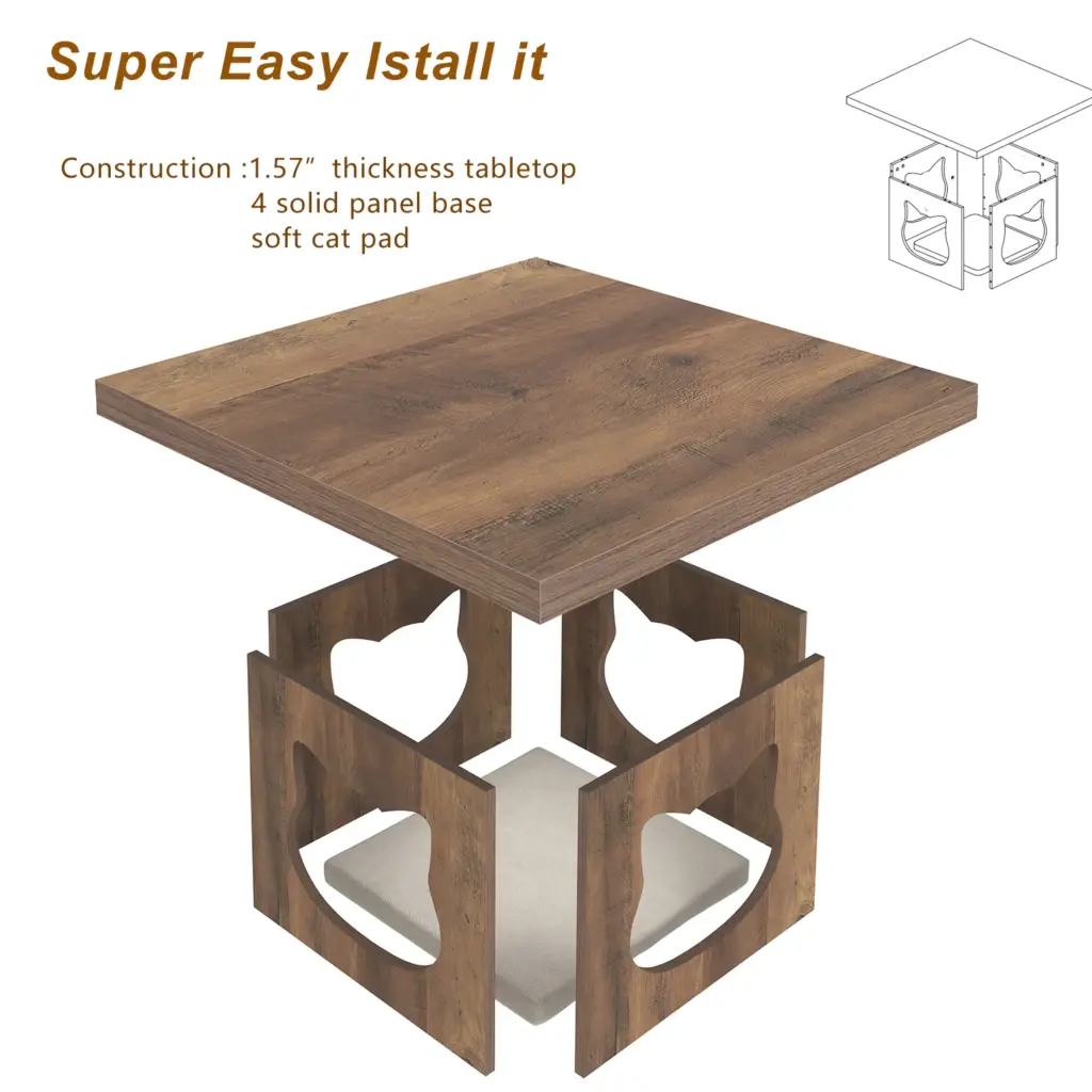 Square Coffee Table with Cat House Cushion, Rustic Oak_11