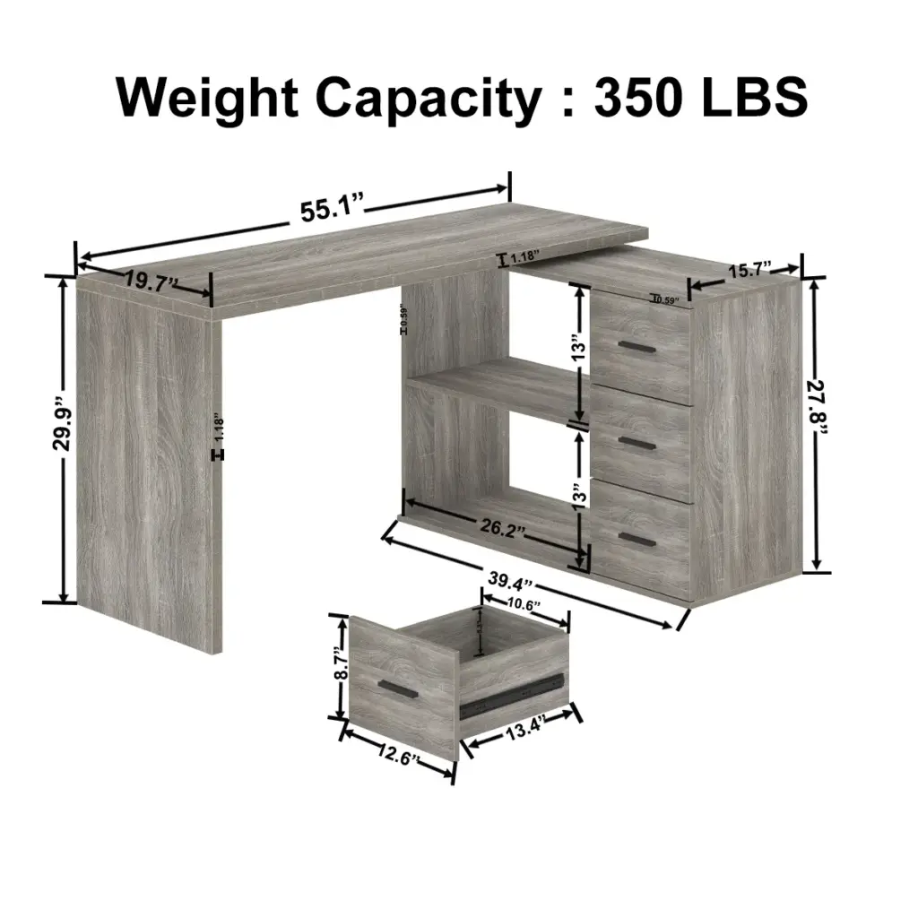 L Shaped 360 Rotating Computer Desk with 3 Drawers, Light Grey Oak_12