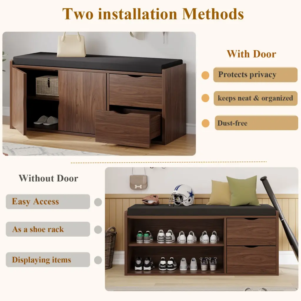 Entryway Bench with Padded Cushioned Seat, Rustic Brown 13.01.C