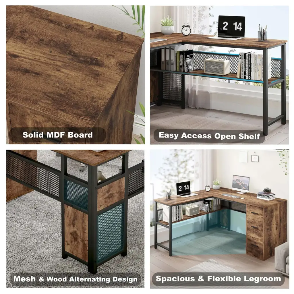 L Shaped Desk with File Cabinets, Rustic Brown_14