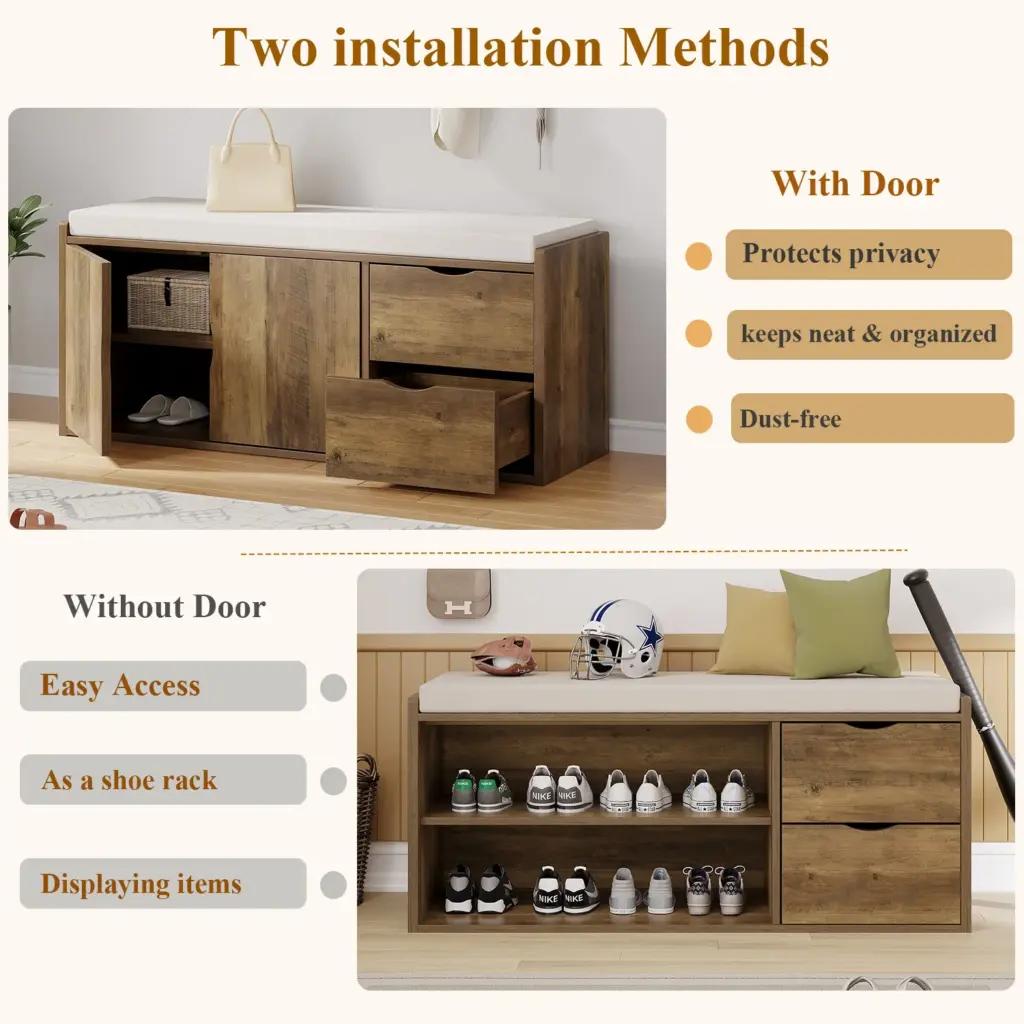 13.01.C Entryway Bench with Padded Cushioned Seat, Rustic Oak