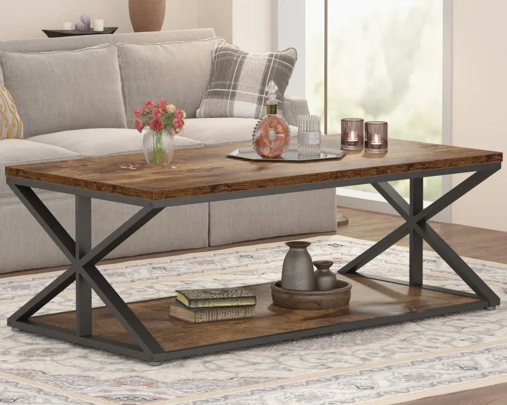 2 Tier Coffee Table with Shelf, Rustic Brown, 47 Inch_08