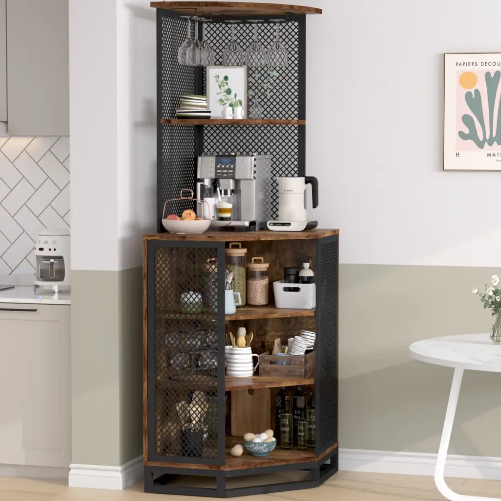 Corner Bar Cabinet with Adjustble Shelf Storage, Rustic Brown_11