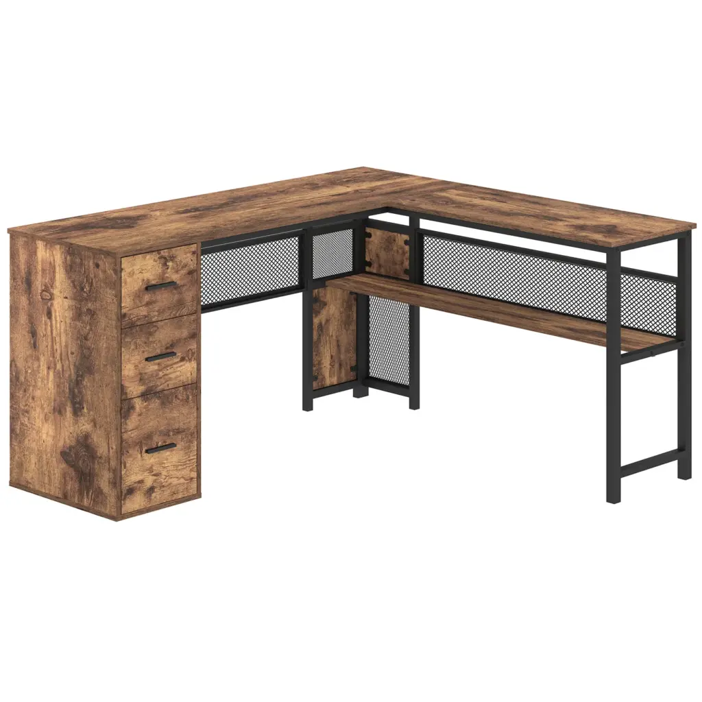L Shaped Desk with File Cabinets, Rustic Brown_15