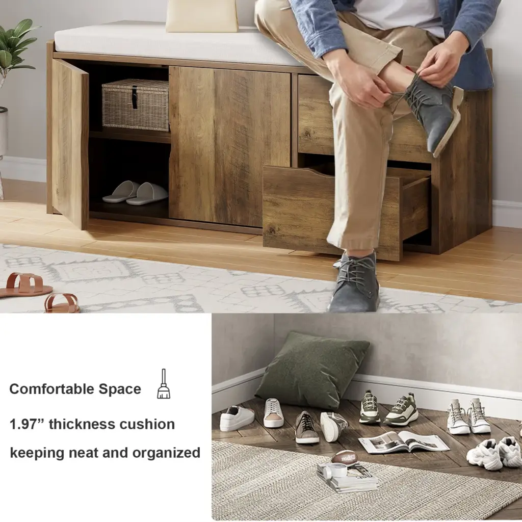 14.01.C Entryway Bench with Padded Cushioned Seat, Rustic Oak