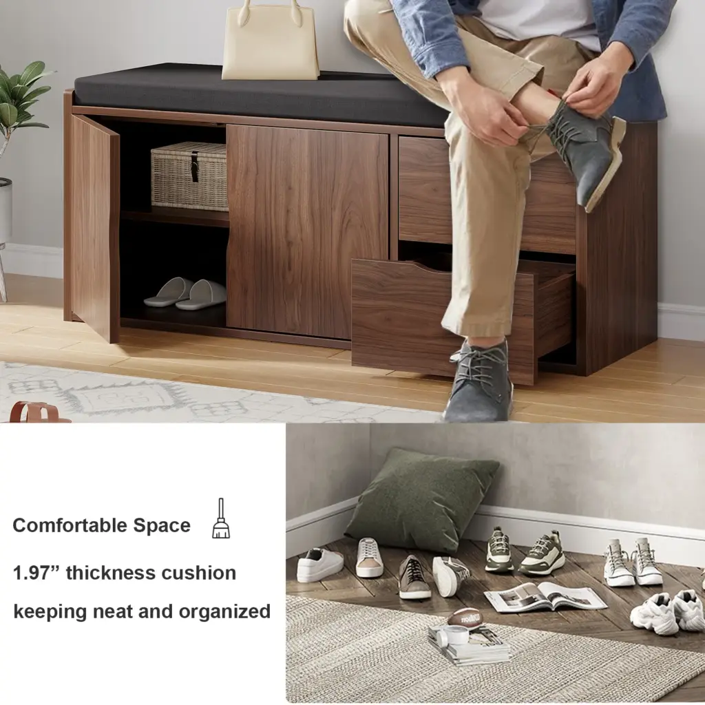 Entryway Bench with Padded Cushioned Seat, Rustic Brown 14.01.C