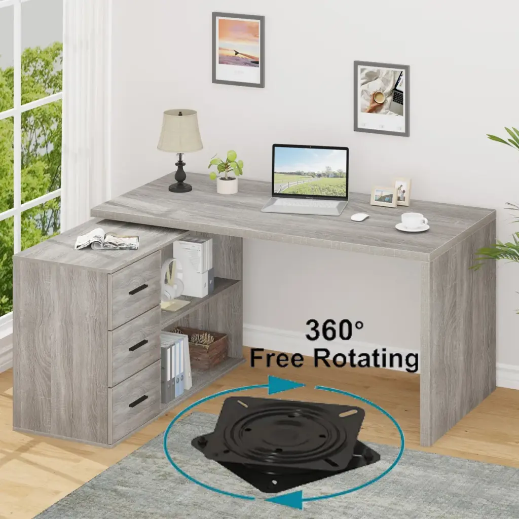 L Shaped 360 Rotating Computer Desk with 3 Drawers, Light Grey Oak_13