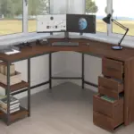 L Shape Desk with Drawers and Storage Shelf, Walnut_01