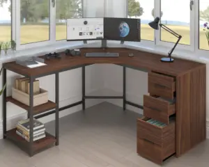L Shape Desk with Drawers and Storage Shelf, Walnut_01