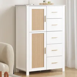 5 Drawer Dresser Rattan Storage, White Oak_01