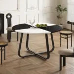 Round Kitchen Table for 4-6 People, White and Black Faux Marble, 51.18 Inch