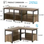 Two views show this rustic wooden and metal desk with shelves, detailed dimensions, and flexible L-shape or straight setup—ideal next to the Corner Storage Bench with Shelf in Rustic Oak. All measurements are clearly labeled for convenience.
