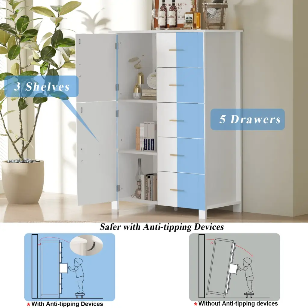 5 Drawer Dresser Rattan Storage, White Oak_03