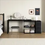 L Shaped 360 Rotating Computer Desk with 3 Drawers, Black Oak_03