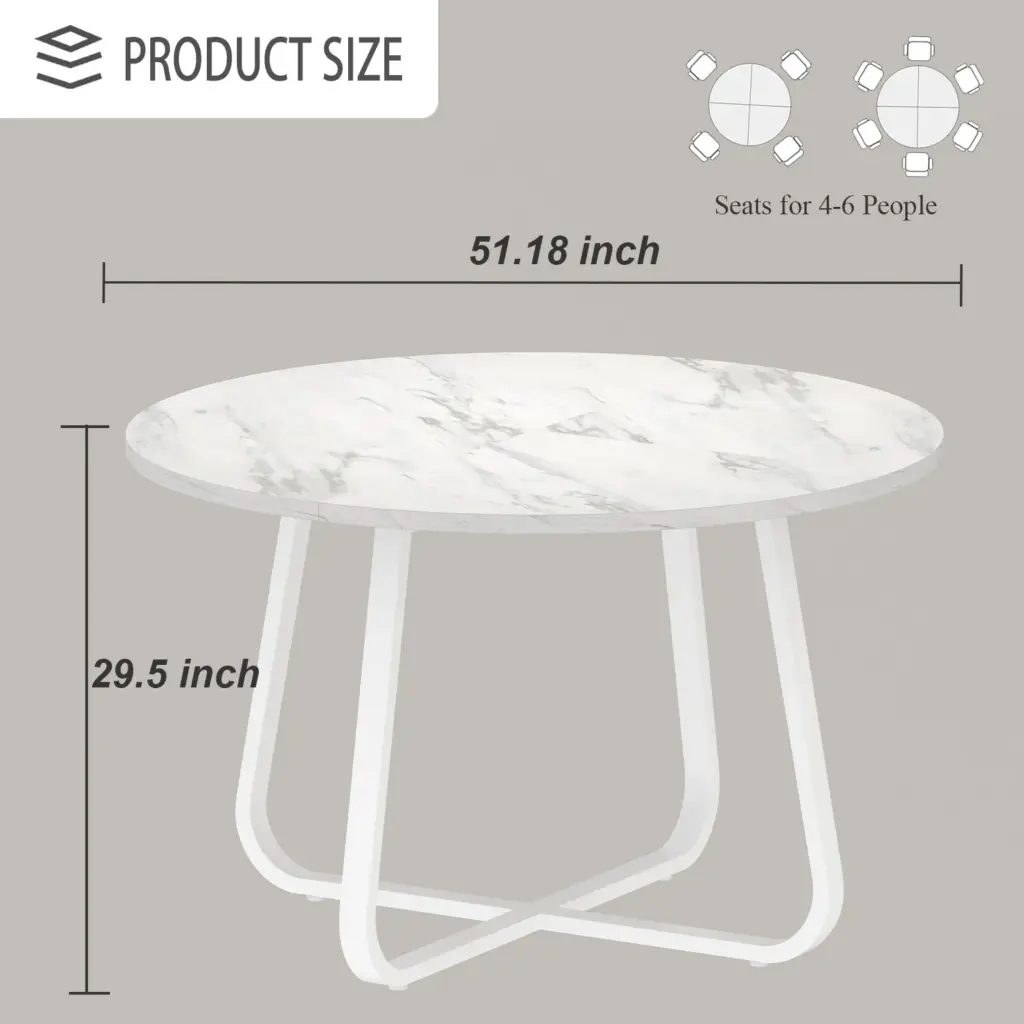 Round Kitchen Table for 4-6 People, White Faux Marble, 51.18 Inch