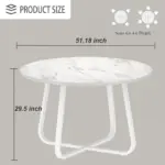 The Round Kitchen Table for 4-6 People features a 51.18-inch white faux marble top and sleek white metal legs, measuring 29.5 inches high—combining modern elegance and functionality for any dining space.