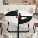 Round Kitchen Table for 4-6 People, White and Black Faux Marble, 51.18 Inch 01