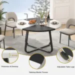 The Round Dining Table for 4 to 6 People features a 42.13" white marble-textured top and black oak base; food and drinks are set on the table, which accommodates four with adjustable legs for added convenience.
