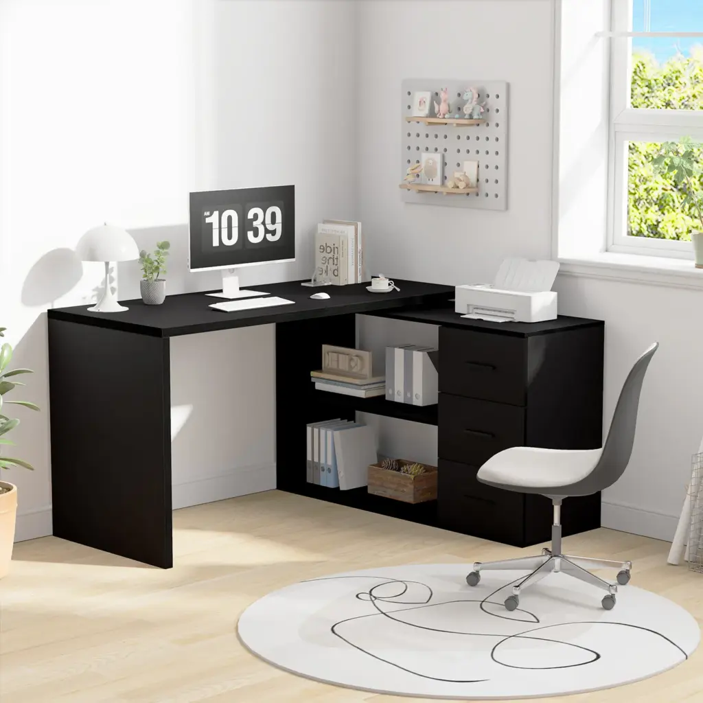 L Shaped 360 Rotating Computer Desk with 3 Drawers, Black Oak_05
