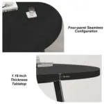 The Round Kitchen Table for 4-6 People in Black Oak (51.18") features a seamless four-panel design and 1.18-inch thickness, shown from top and side views with measurements—ideal as a modern kitchen centerpiece.