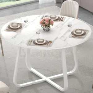 Round Kitchen Table for 4-6 People, White Faux Marble, 51.18 Inch 02
