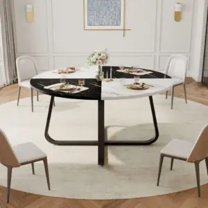 Round Dining Table for 4 to 6 People, White and Black Faux Marble, 42.13 Inch