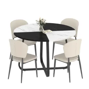 Round Kitchen Table for 4-6 People, White and Black Faux Marble