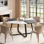 Round Kitchen Table for 4-6 People, White and Black Faux Marble, 51.18 Inch 04