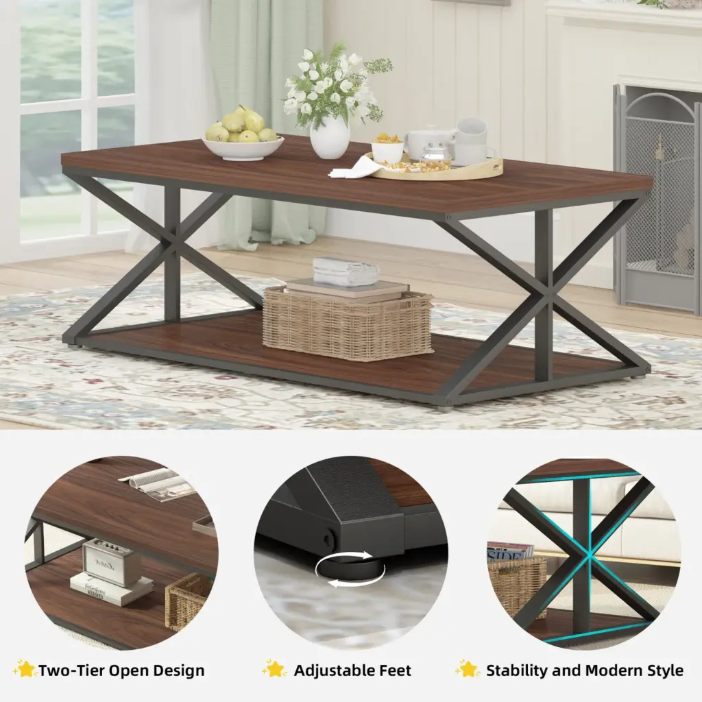 2 Tier Coffee Table with Shelf, Walnut, 47 Inch_06