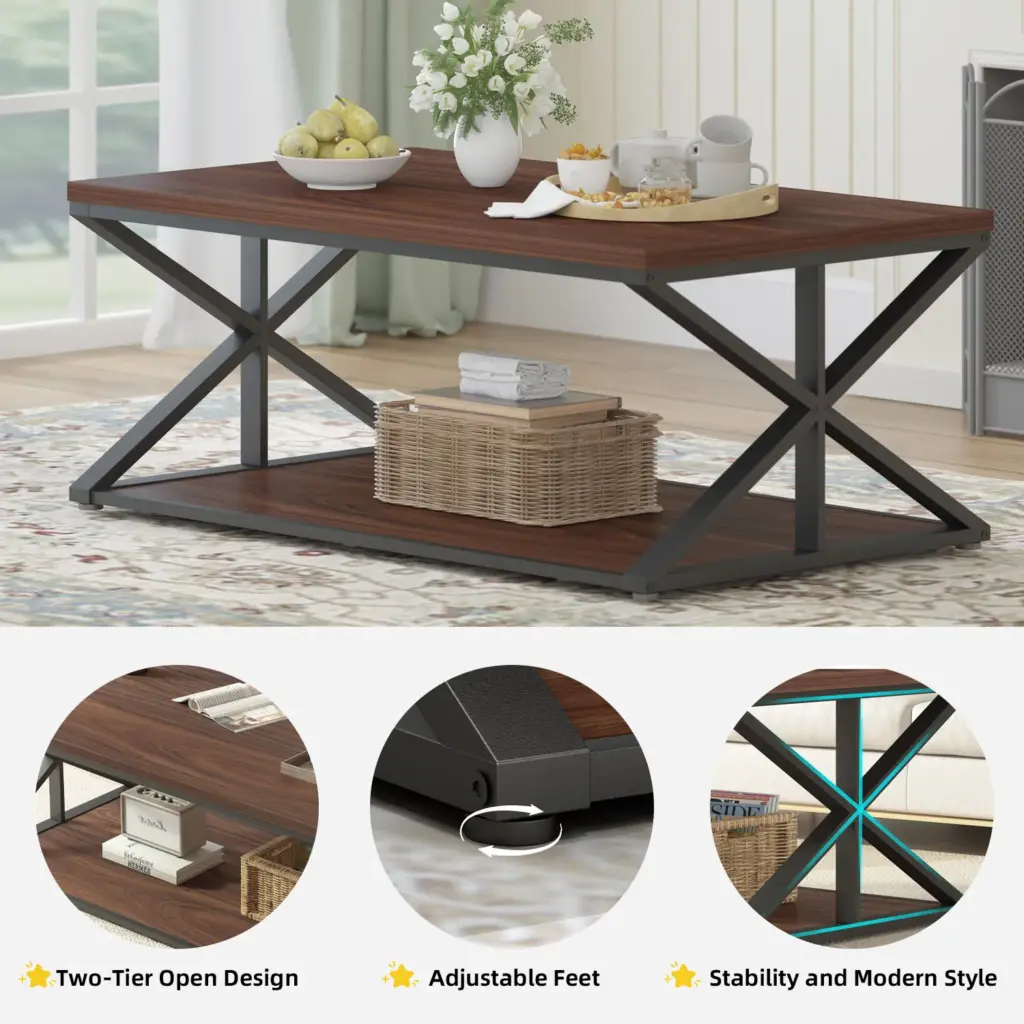 2 Tier Coffee Table with Shelf, Walnut, 39 Inch_06