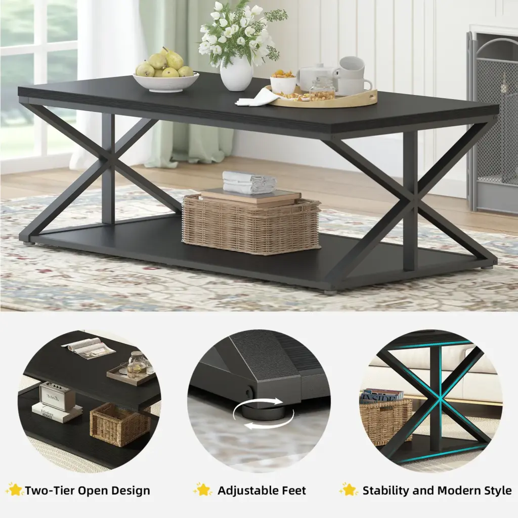 2 Tier Coffee Table with Shelf, Black Oak, 47 Inch_08