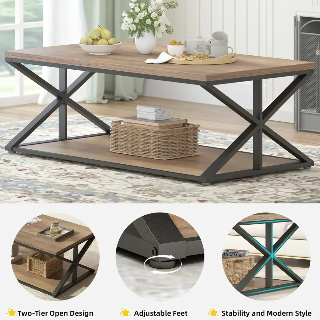 2 Tier Coffee Table with Shelf, Rustic Oak, 47 Inch_06