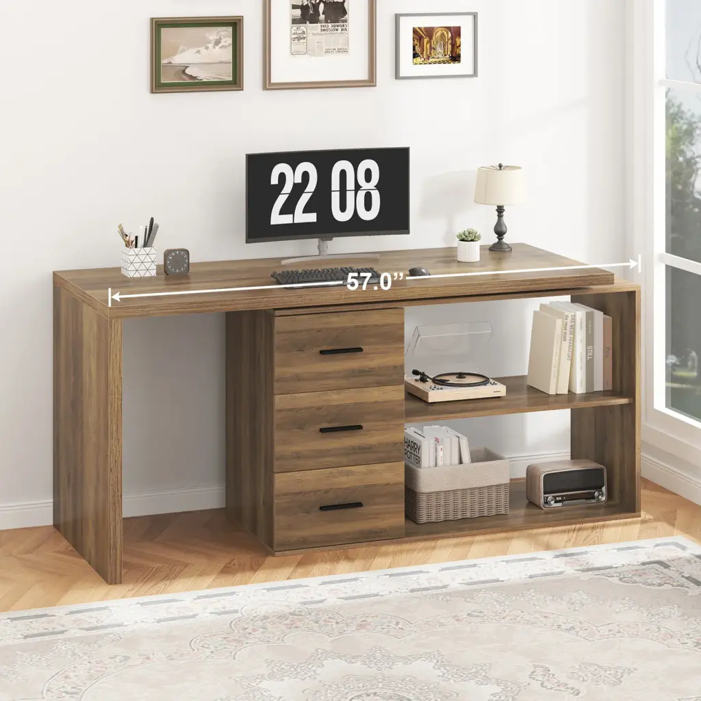 L Shaped 360 Rotating Computer Desk with 3 Drawers, Rustic Oak_14