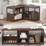 Corner Storage Bench with Shelf, Walnut 03