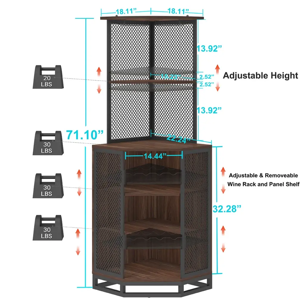 Corner Bar Cabinet with Adjustble Shelf Storage, Walnut_10