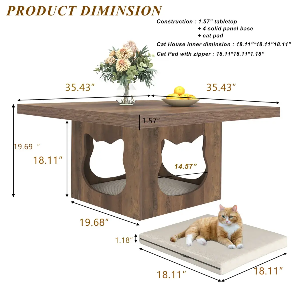 Square Coffee Table with Cat House Cushion, Rustic Oak_12