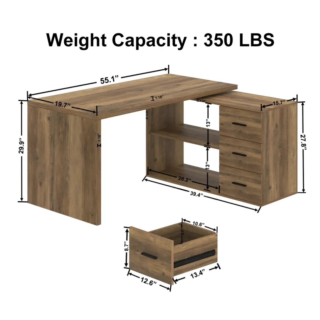 L Shaped 360 Rotating Computer Desk with 3 Drawers, Rustic Oak_15