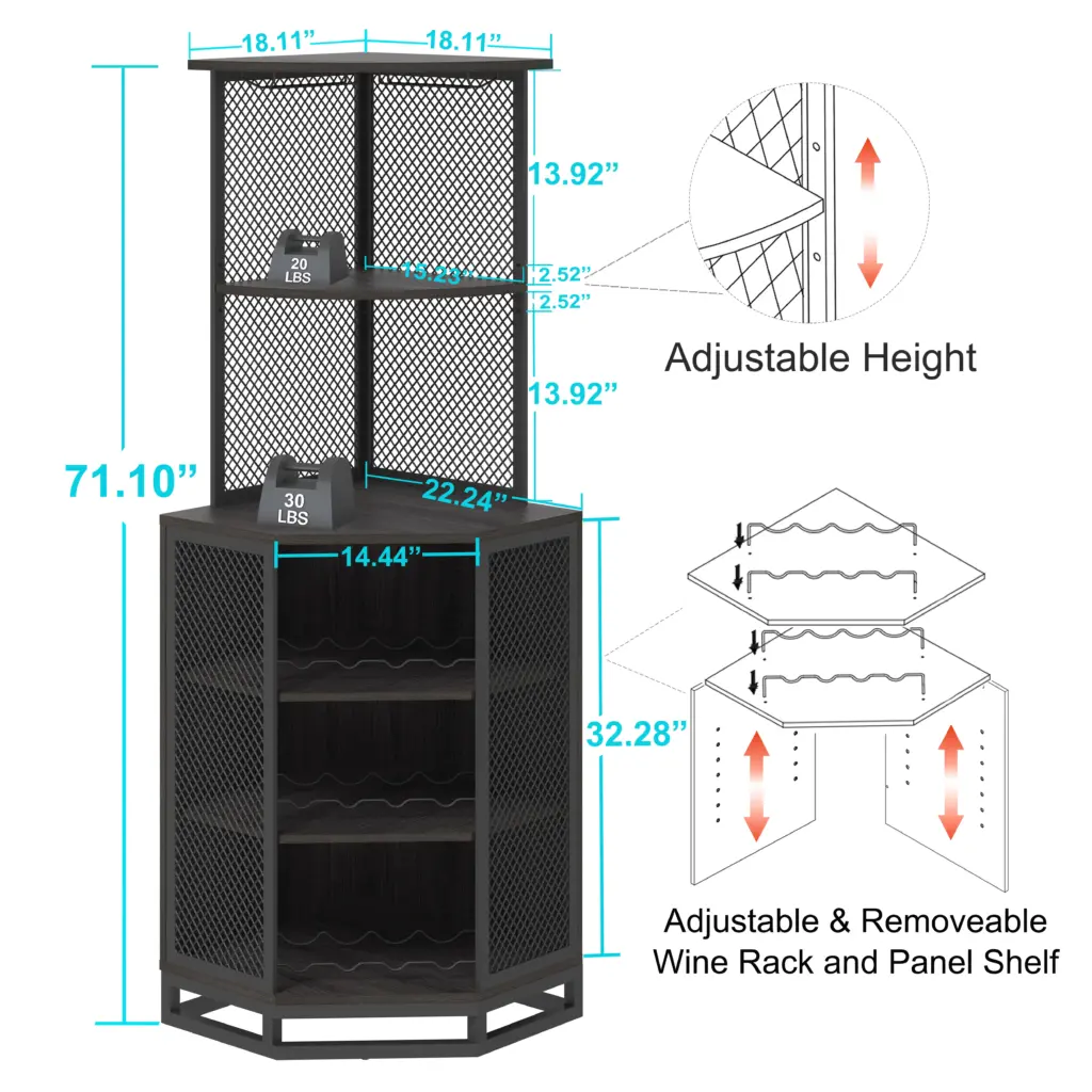 Corner Bar Cabinet with Adjustble Shelf Storage, Dark Gray Oak_08